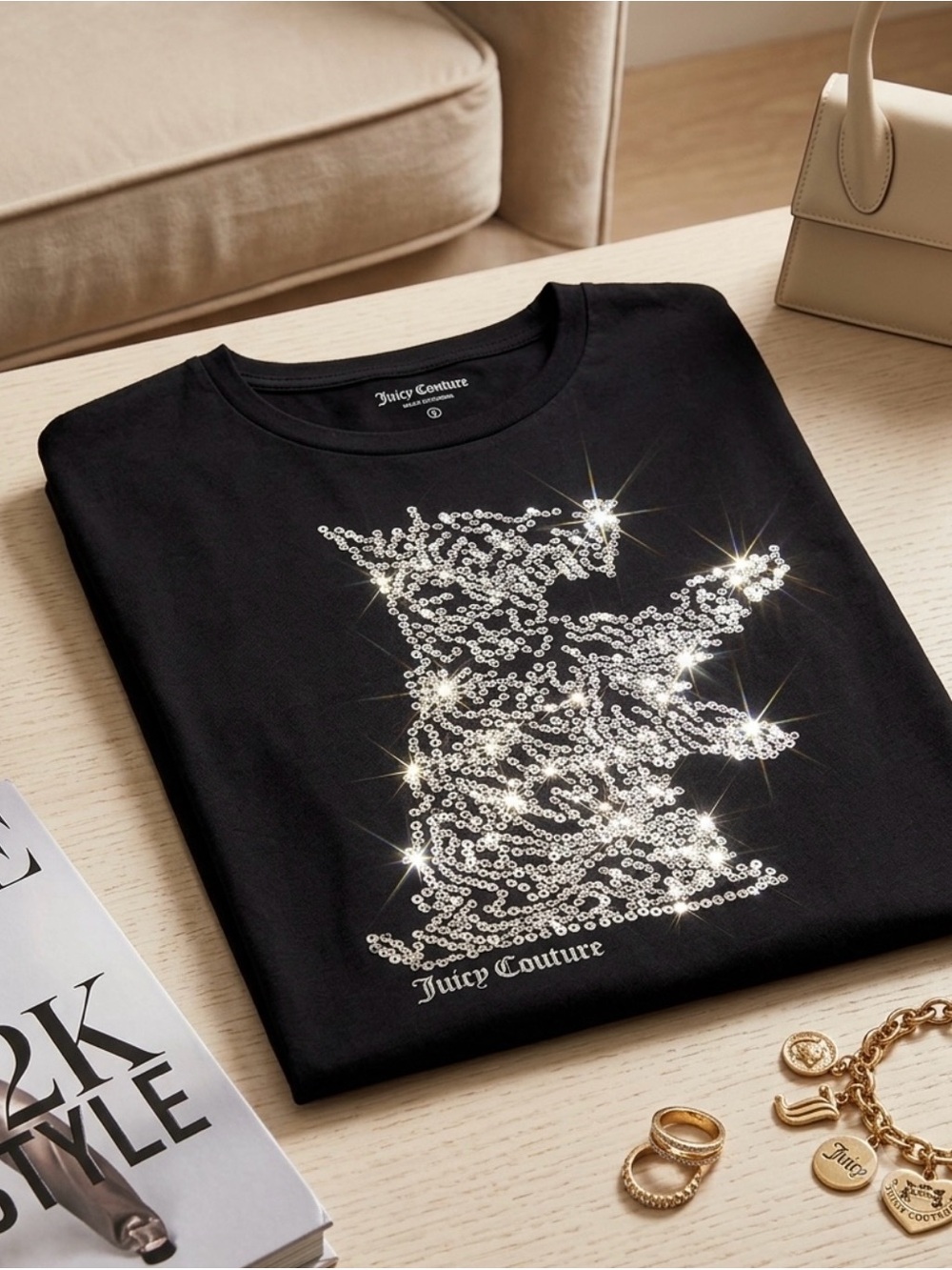 Juicy Couture Black T-Shirt Features A Silver Sequin Scottie Dog Size Small